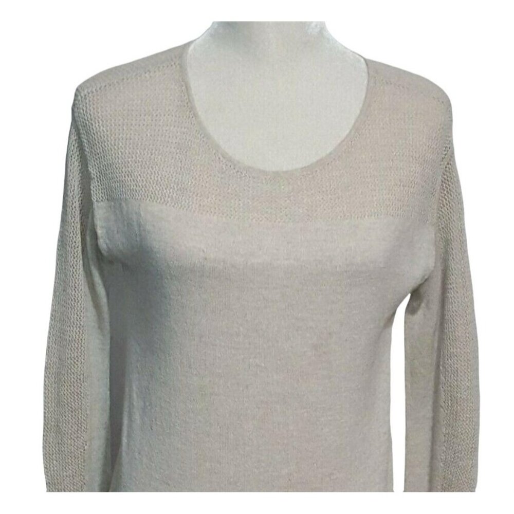 Eileen Fisher Womens Long Sleeve Tunic Top S Wool Italian Yarn Side Slits Beige